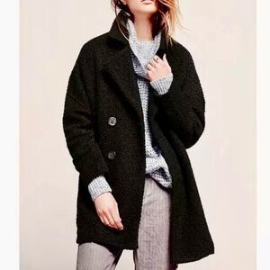 FREE PEOPLE Black Harnie Textured Pea Coat Soft Fuzzy Teddy Trench Jacket XS